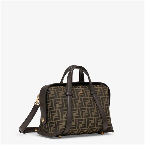 Fendi Boston Bauletto in pelle e Tessuto FF marrone Hand Bag 